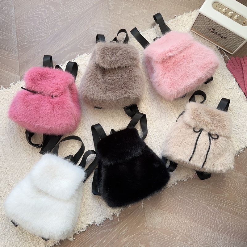 Women Bags Max - Women Faux Fox Fur Backpack Solid