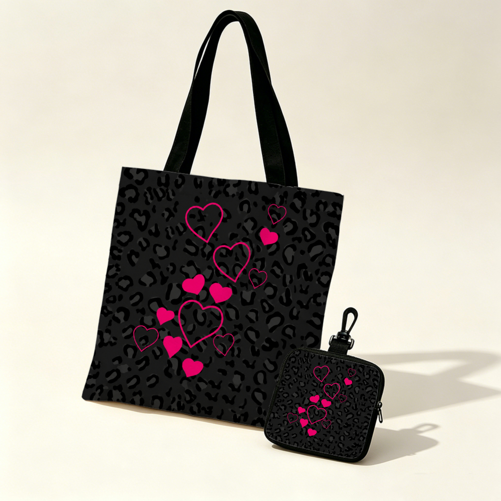 Women Bags Purses - Black Leopard Print Pink Hearts Tote